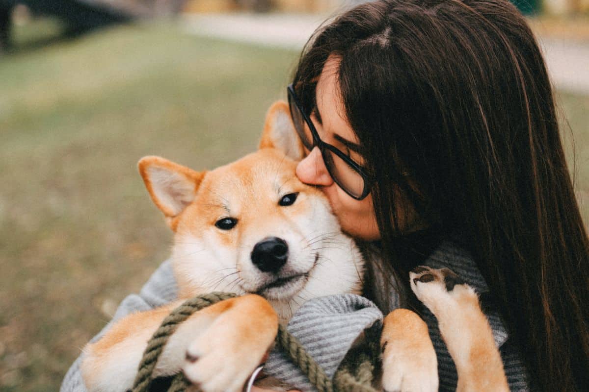 woman kissing her shiba inu dog outside